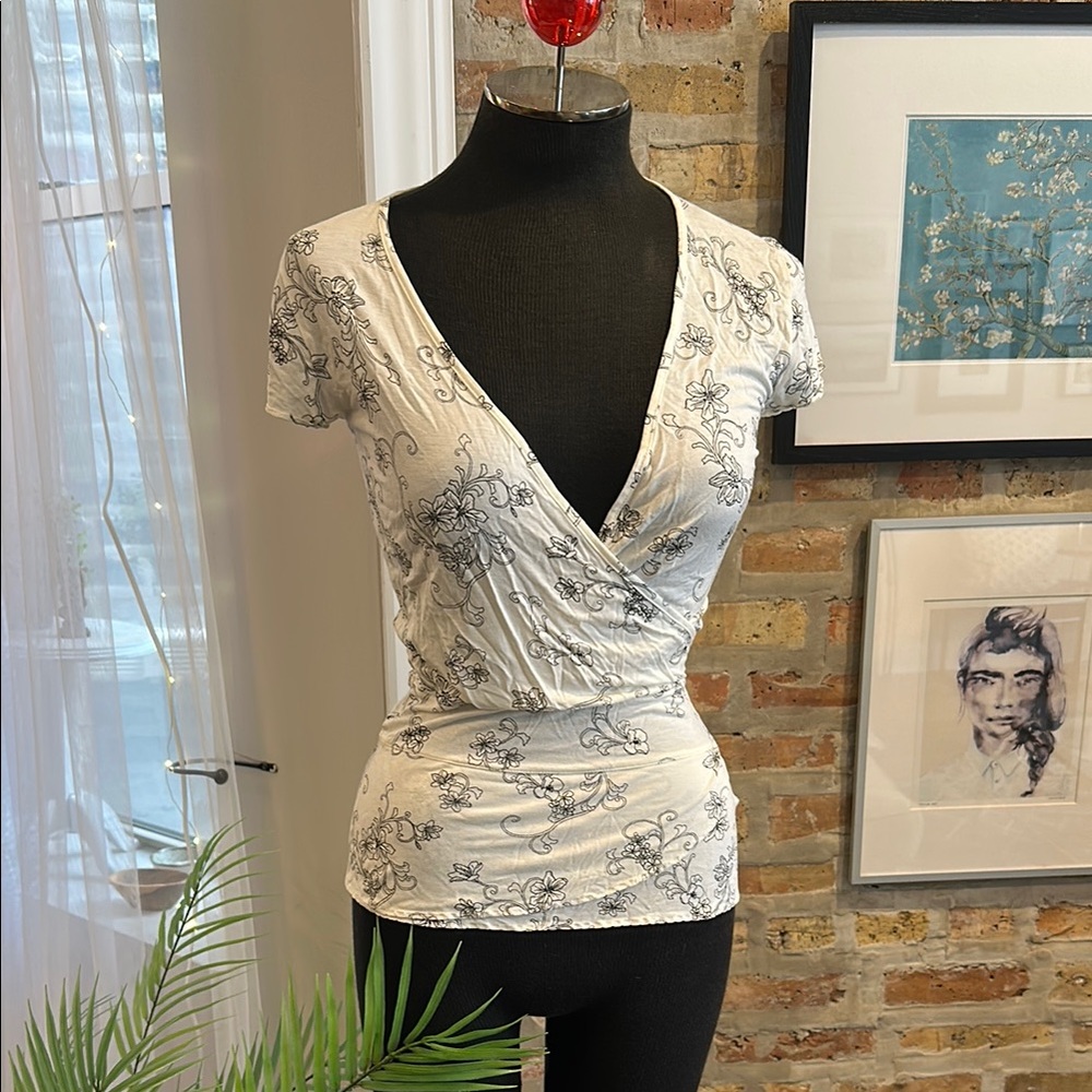 H&M Floral Wrap Top - Soft White and Black